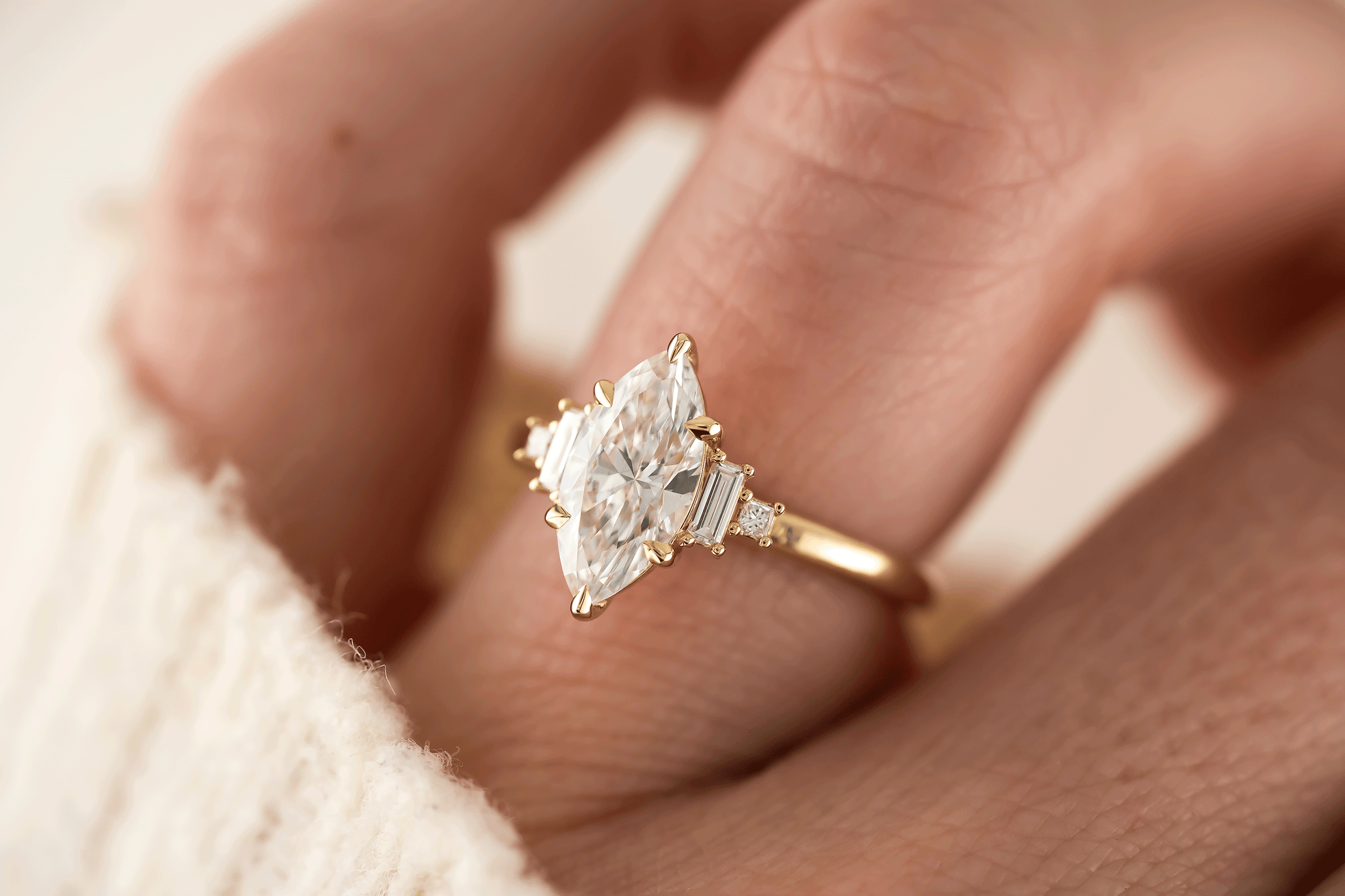 Marquise Shaped Three Stone Lab Grown Diamond Engagement Ring