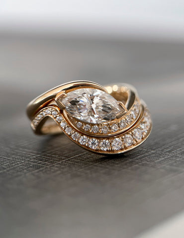 1 CT East-West Marquise Cut Curved Lab Grown Diamond Ring With Bold Pave Band