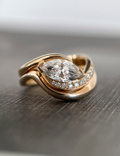 1 CT East-West Marquise Cut Curved Lab Grown Diamond Ring With Plain Stacking Band