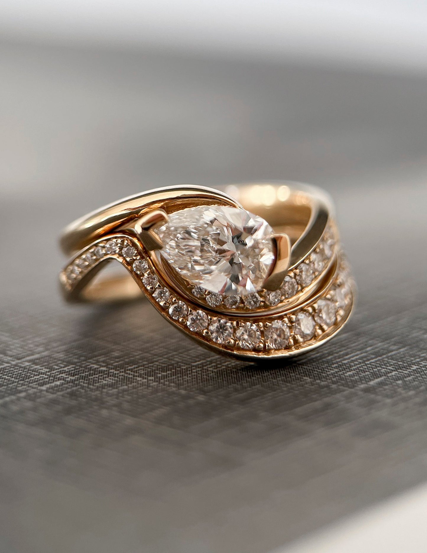 1 CT Pear Cut Solitaire Lab Grown Diamond Ring With Wrap Bold Pave Band