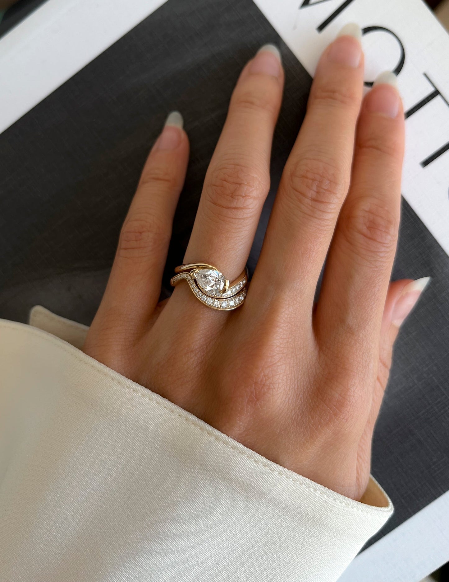 1 CT Pear Cut Solitaire Lab Grown Diamond Ring With Wrap Bold Pave Band