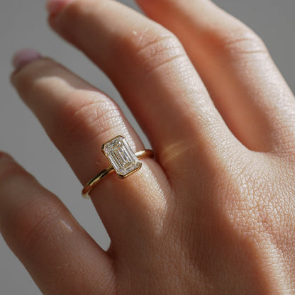 1.5 CT Emerald Cut Half Bezel Lab Grown Diamond Engagement Ring