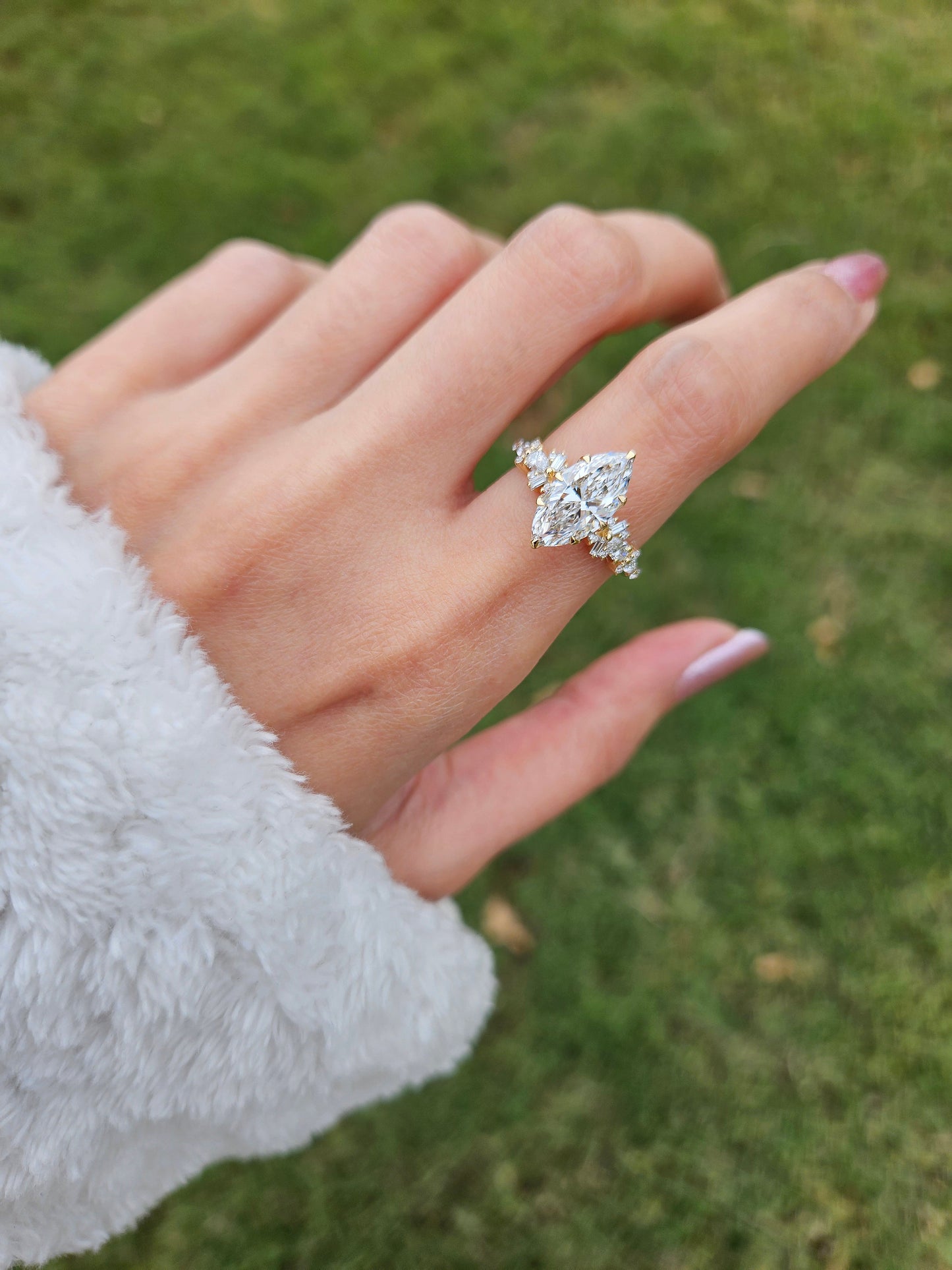 Marquise Shaped Three Stone Lab Grown Diamond Engagement Ring