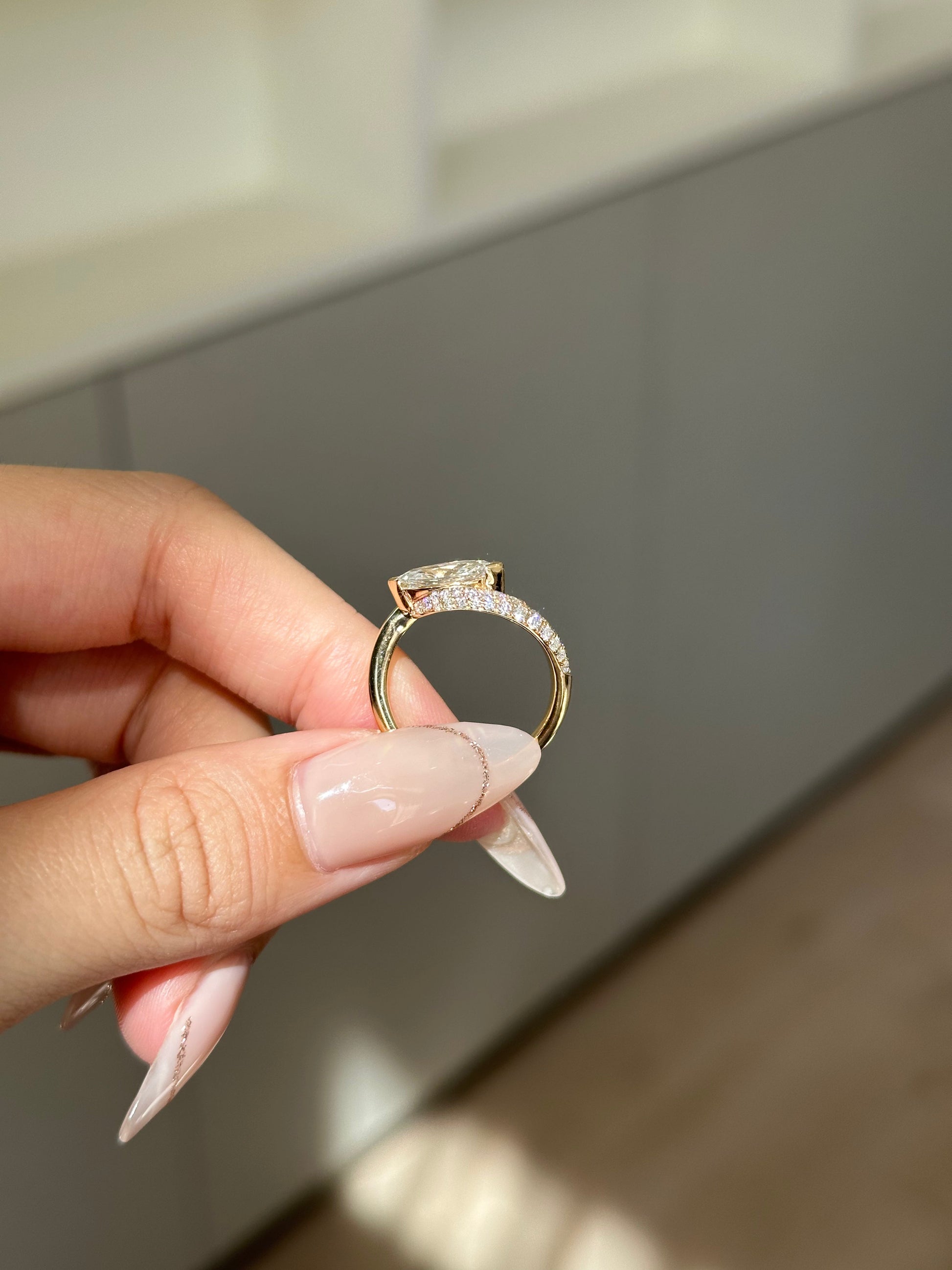 Marquise Shaped Three Stone Lab Grown Diamond Engagement Ring