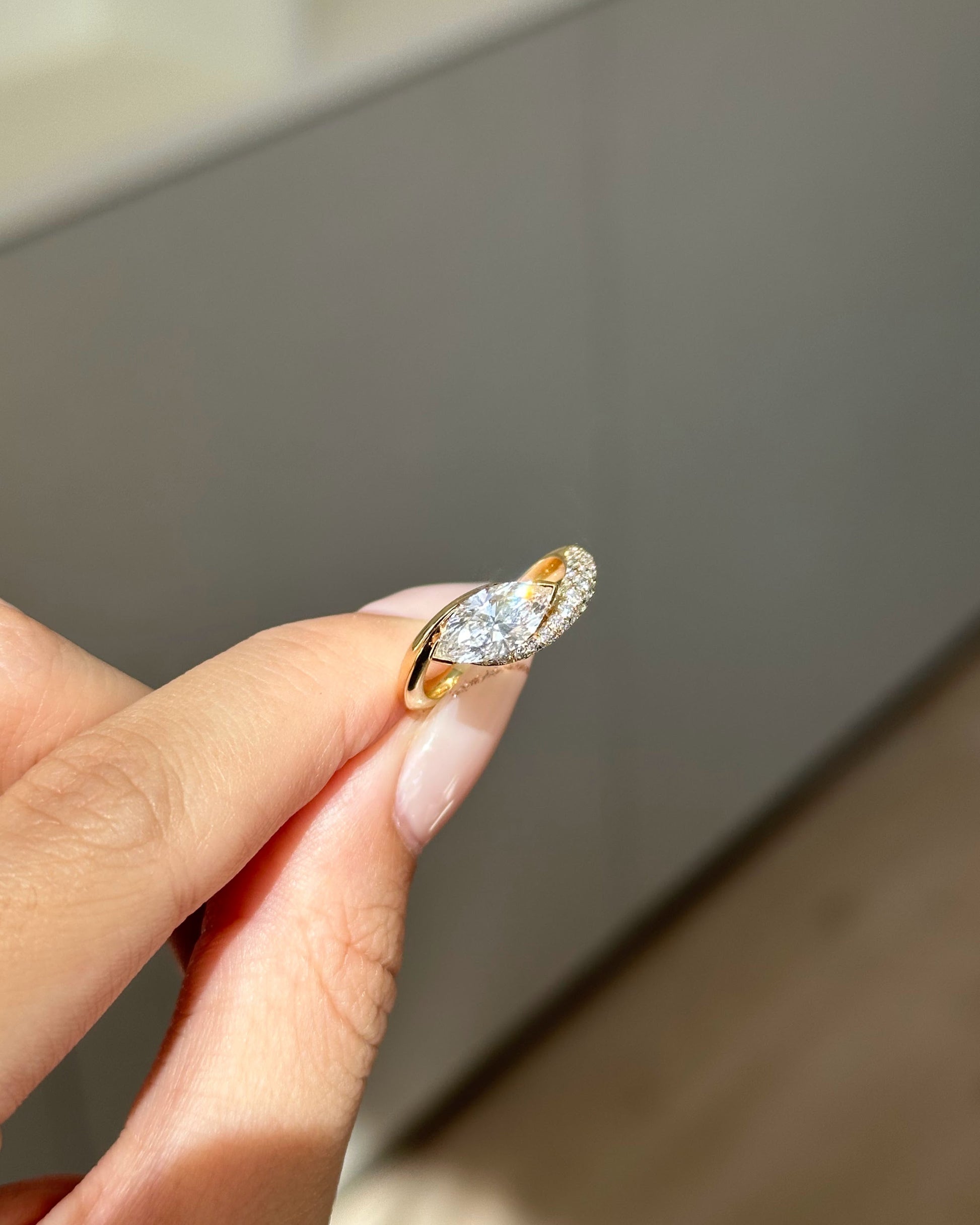 Marquise Shaped Three Stone Lab Grown Diamond Engagement Ring