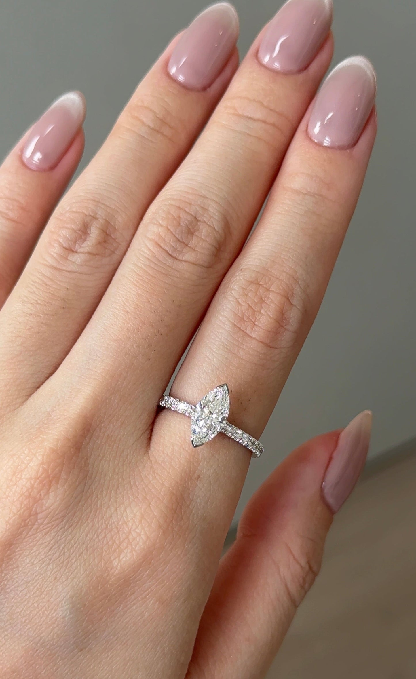 Marquise Shaped Three Stone Lab Grown Diamond Engagement Ring