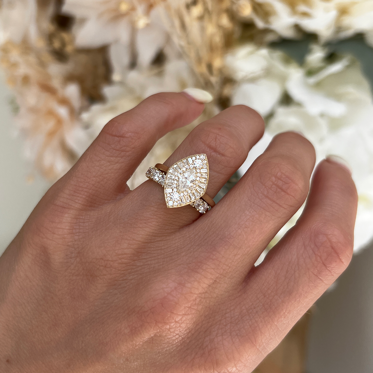 Marquise Shaped Three Stone Lab Grown Diamond Engagement Ring