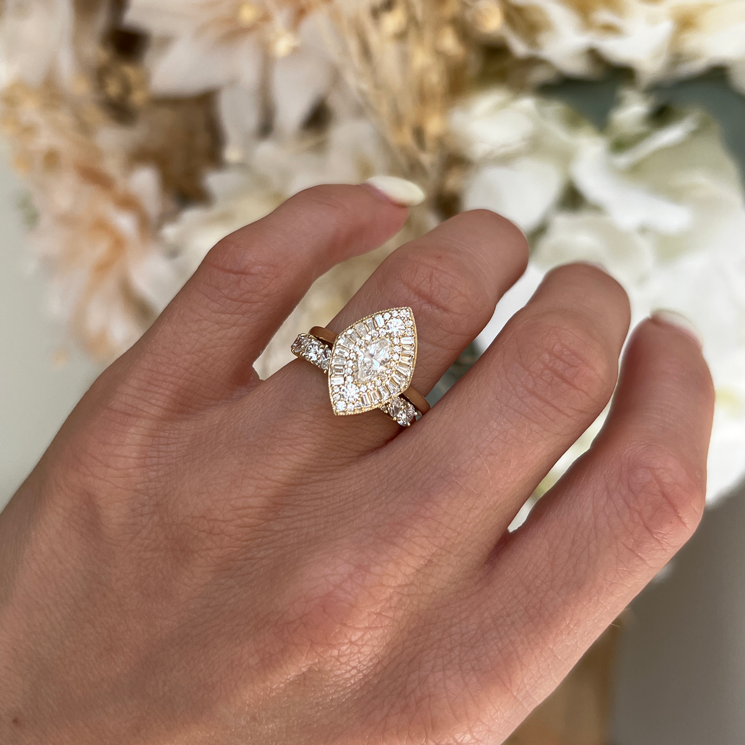 Marquise Shaped Three Stone Lab Grown Diamond Engagement Ring