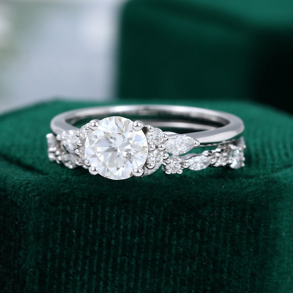 0.88 CT Round Moissanite Cluster Bridal Ring Set 5