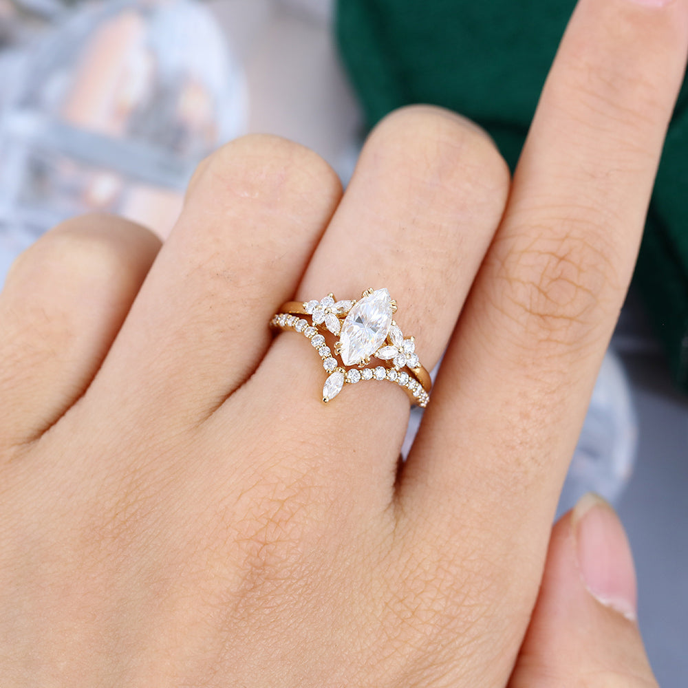 0.90 CT Marquise Moissanite Cluster Bridal Ring Set 4