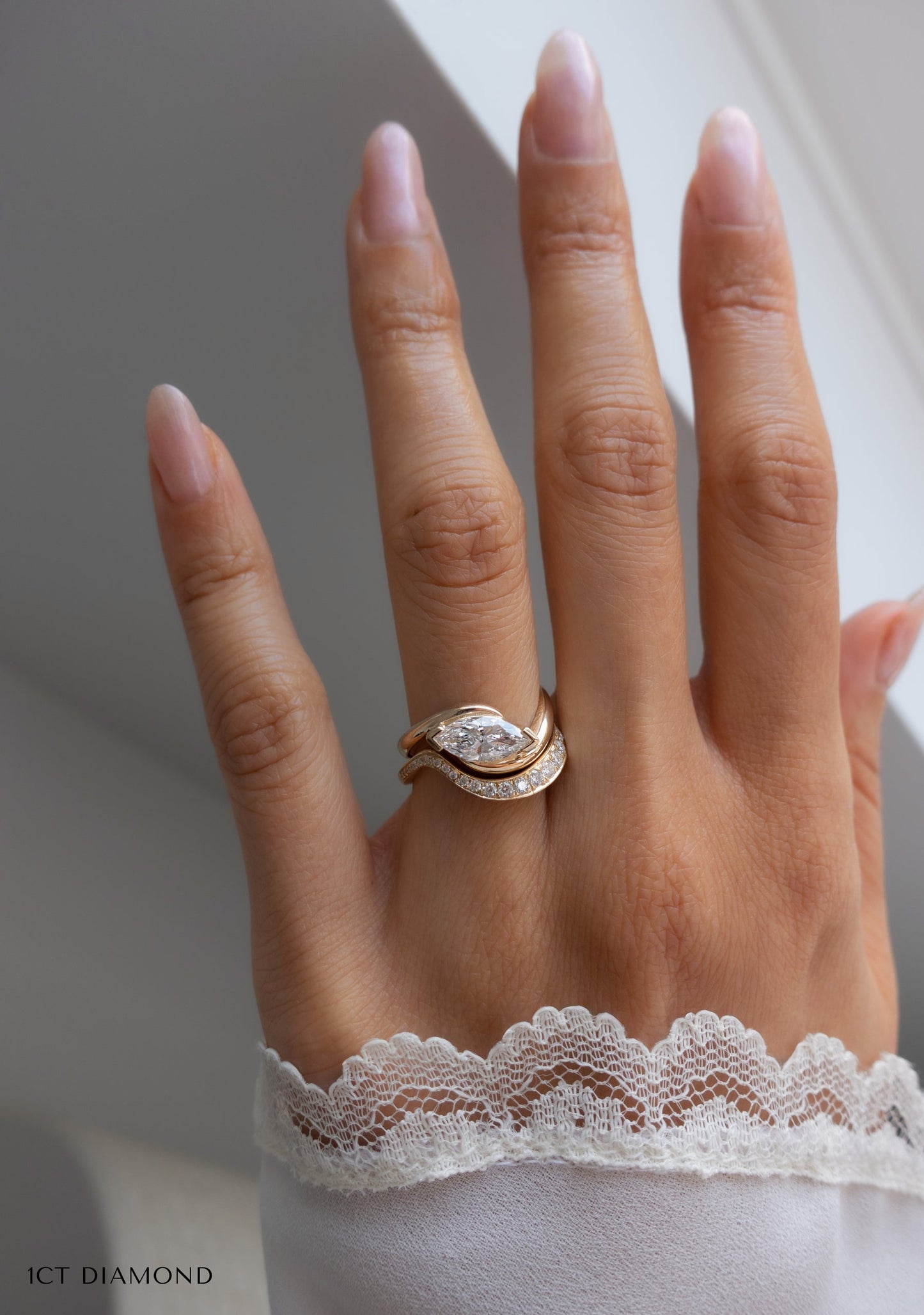 1.5 CT East-West Marquise Lab Grown Engagement Ring with Bold Pave Stacking Band