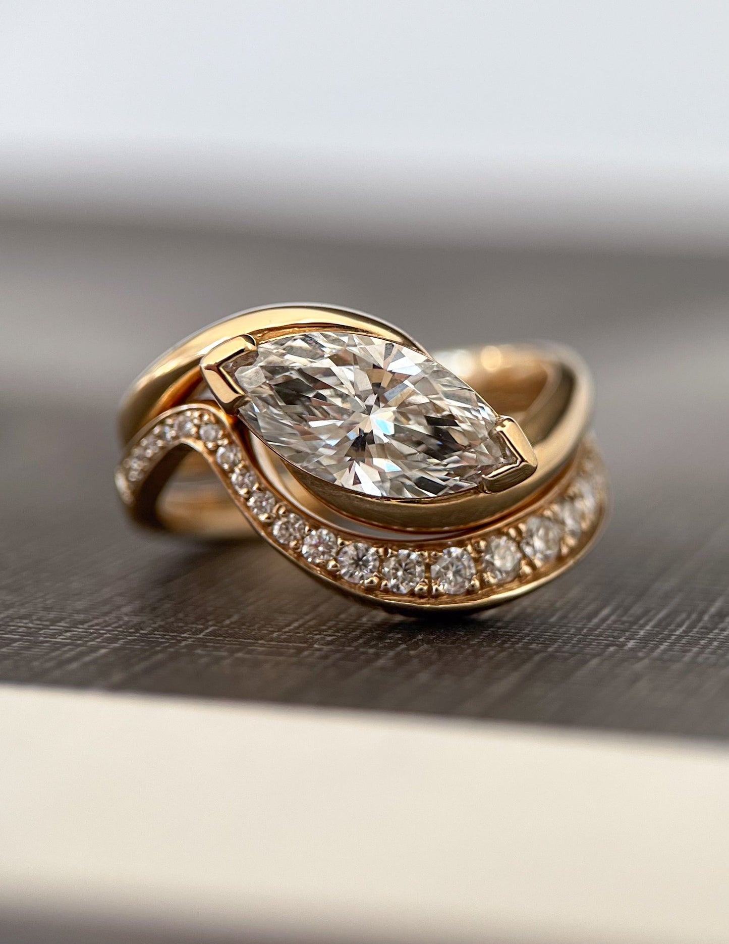 1.5 CT East-West Marquise Lab Grown Engagement Ring with Bold Pave Stacking Band