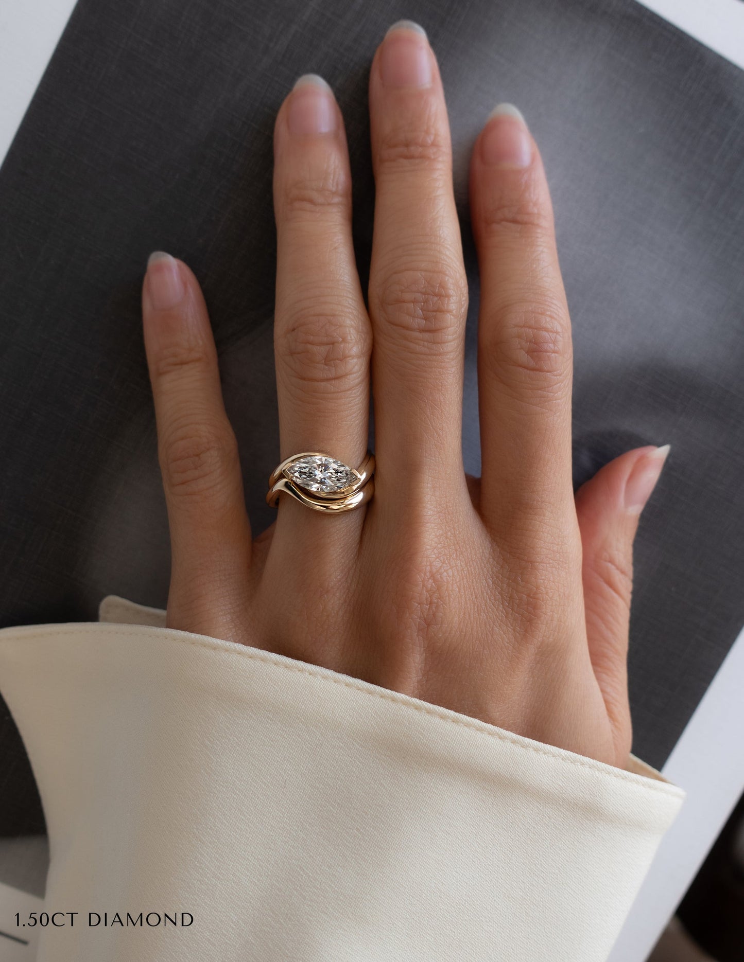 1.5 CT East-West Marquise Lab Grown Engagement Ring with Plain Stacking Band