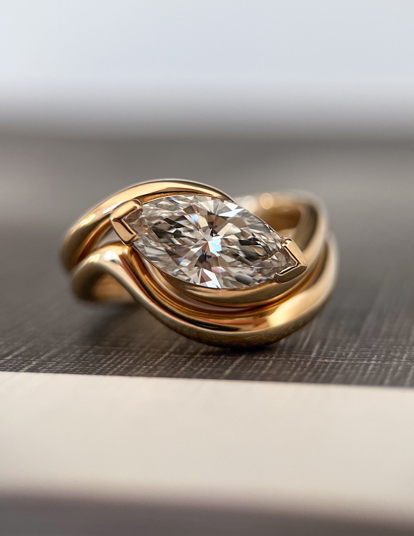 1.5 CT East-West Marquise Lab Grown Engagement Ring with Plain Stacking Band