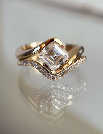 1.5 CT Asscher Lab Grown Curved Shank Engagement Ring With Minimal Pave Stacking Band