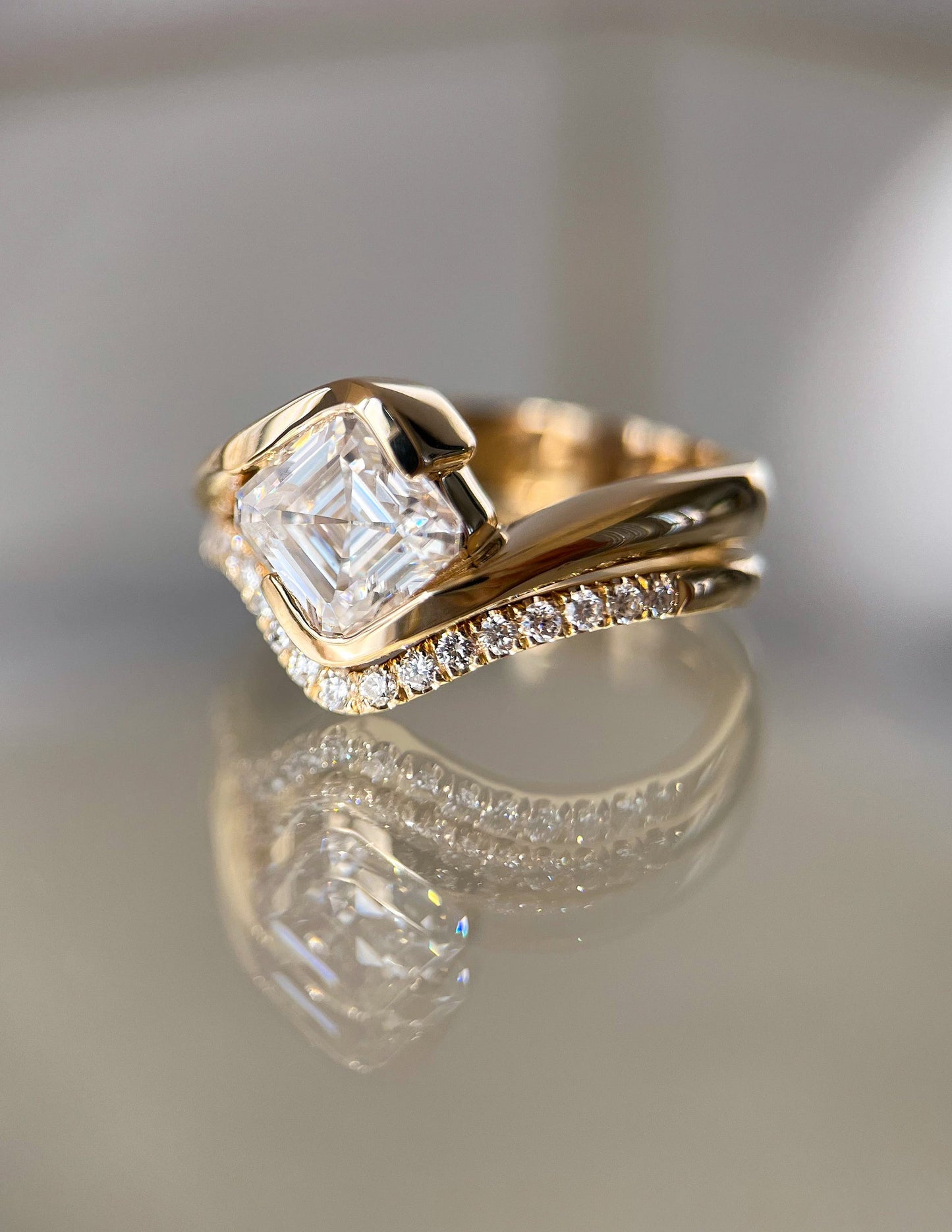 1.5 CT Asscher Lab Grown Curved Shank Engagement Ring With Minimal Pave Stacking Band