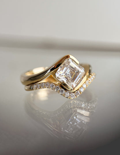 1.5 CT Asscher Lab Grown Curved Shank Engagement Ring With Minimal Pave Stacking Band