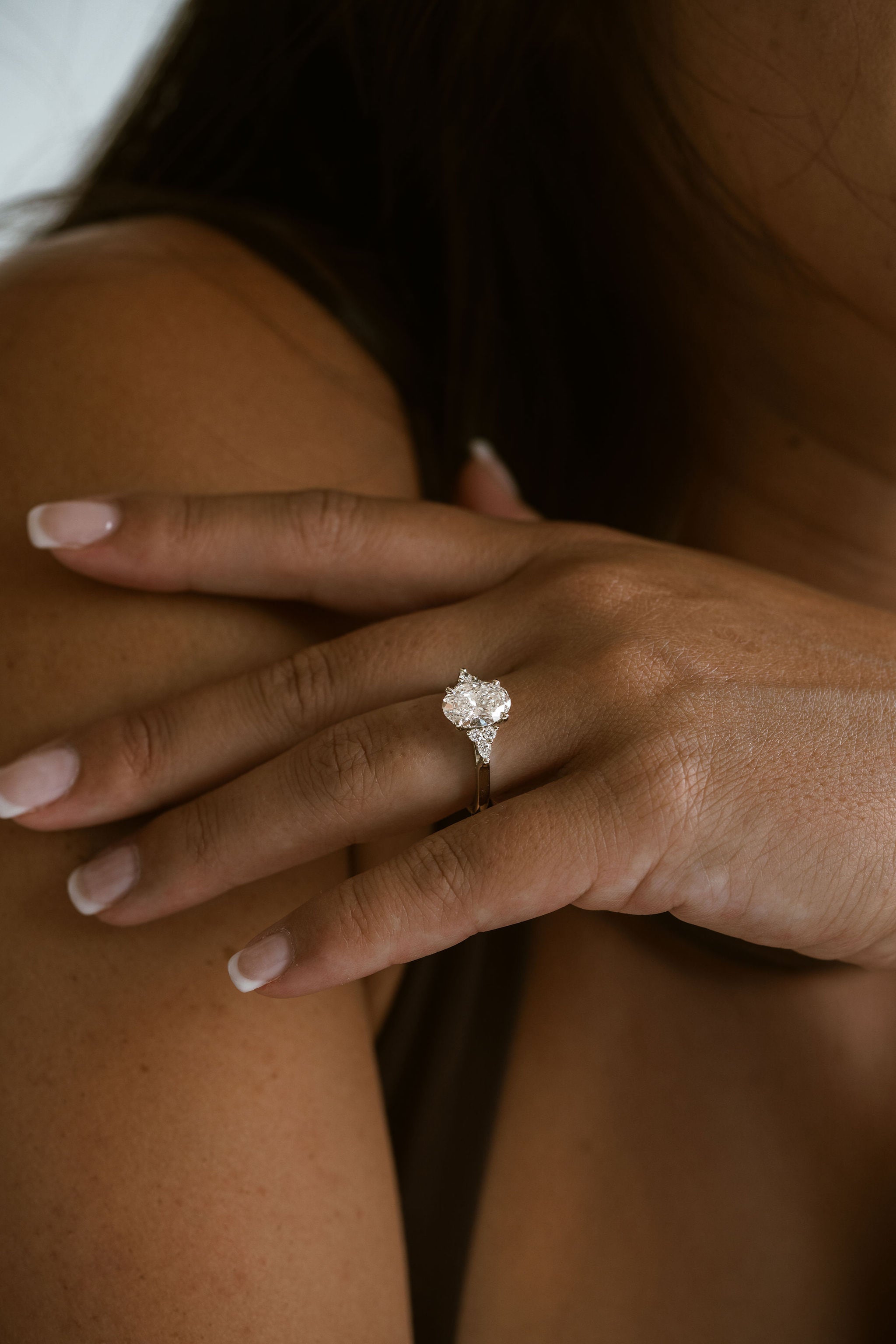 Marquise Shaped Three Stone Lab Grown Diamond Engagement Ring