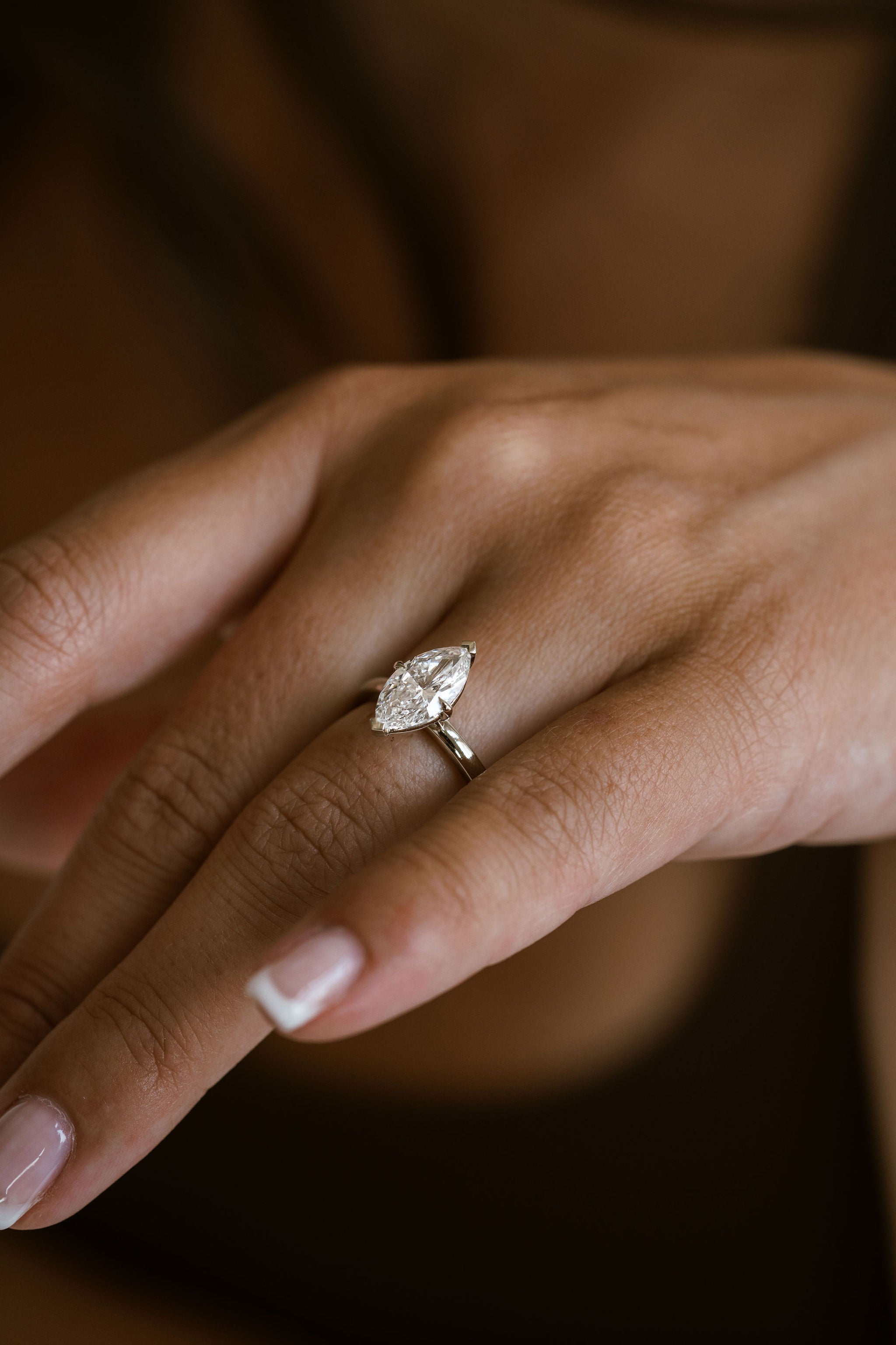 Marquise Shaped Three Stone Lab Grown Diamond Engagement Ring