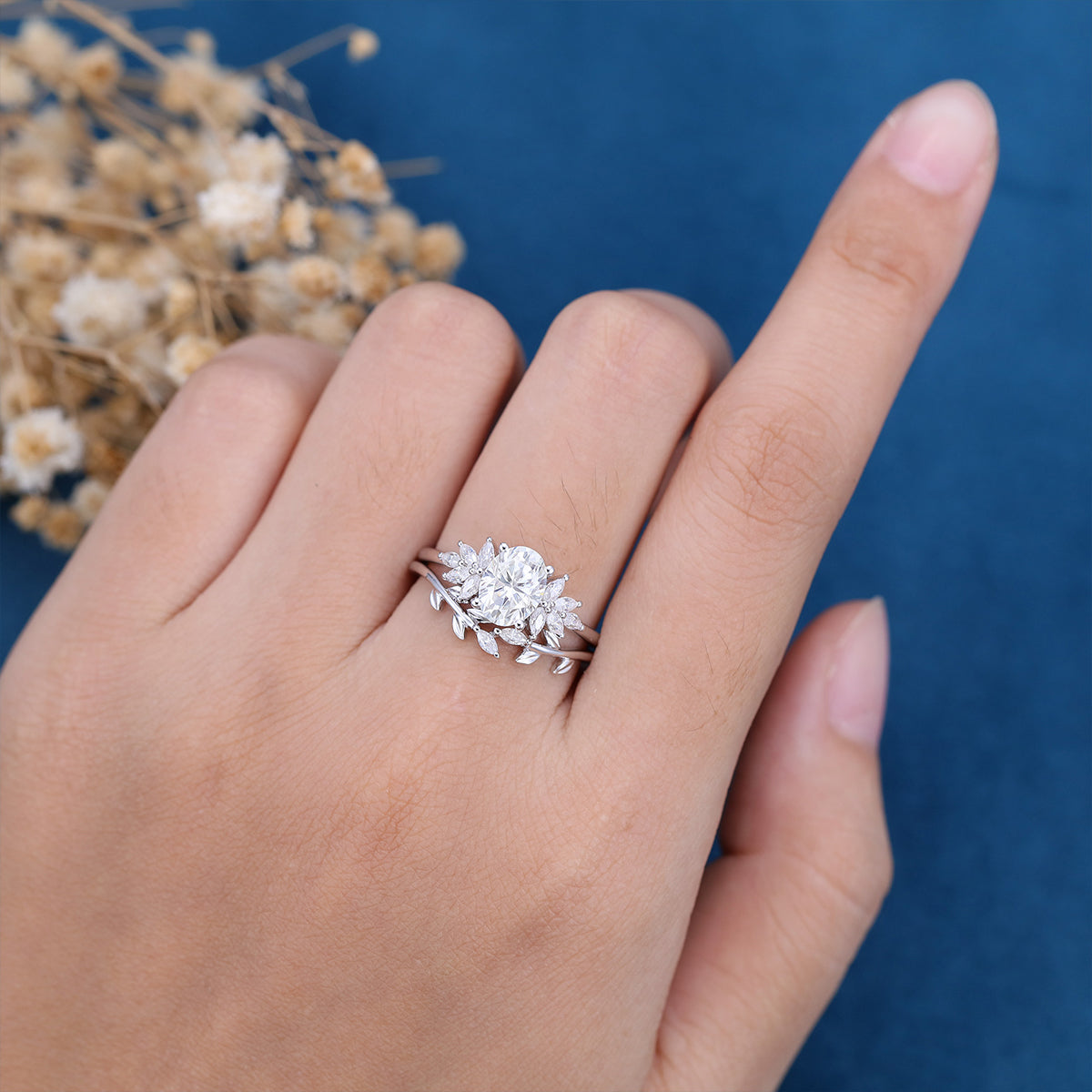 1.33 CT Oval Shaped Moissanite Cluster Bridal Set 3