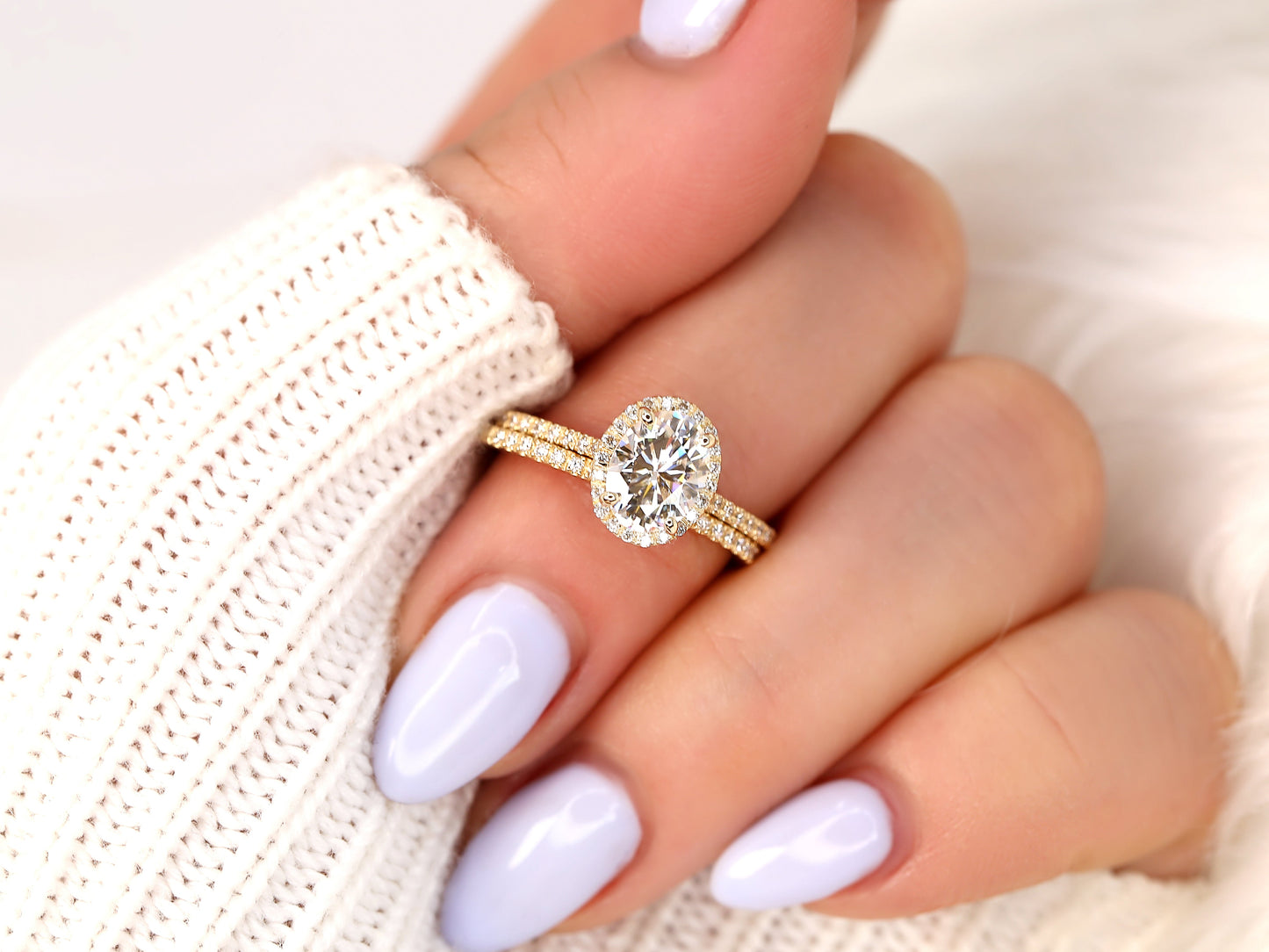 1.5 CT Oval Cut Halo & Pave Lab Grown Diamond Bridal Ring Set