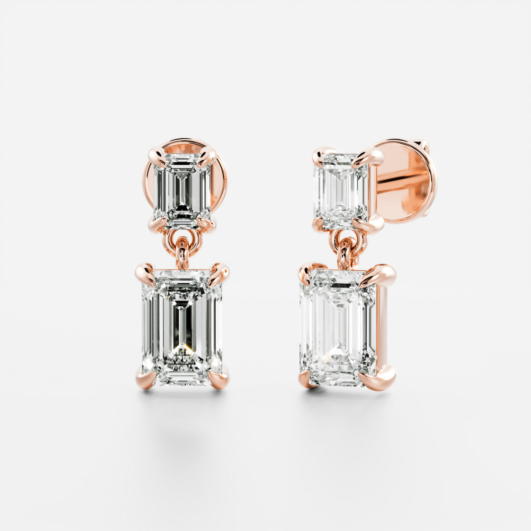 1.2 TCW Emerald Cut Lab Grown Diamond Dangles Earrings in Gold