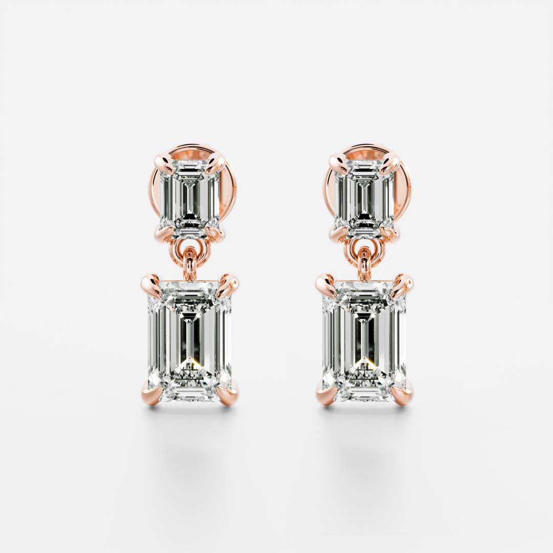 1.2 TCW Emerald Cut Lab Grown Diamond Dangles Earrings in Gold