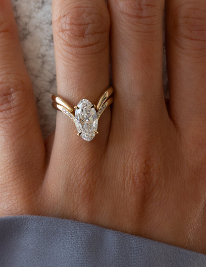 2.5 CT Oval Cut Pave Lab Grown Diamond Ring With Classic Plain Band