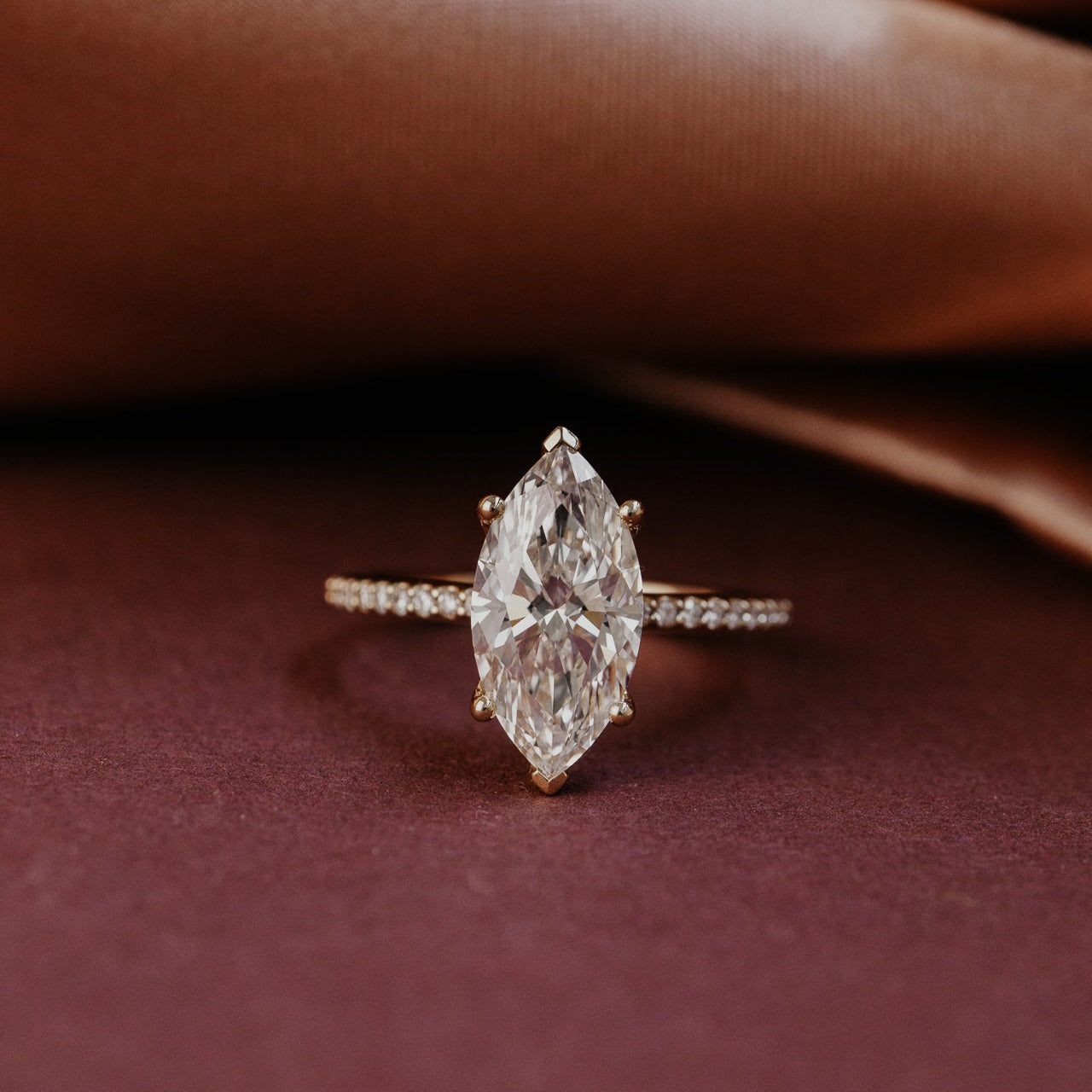 Marquise Shaped Three Stone Lab Grown Diamond Engagement Ring
