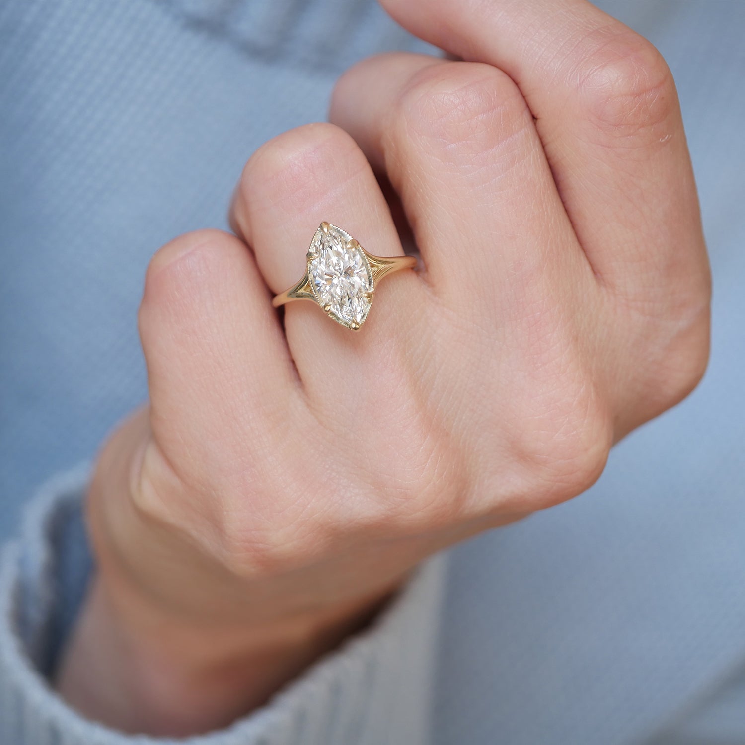 Marquise Shaped Three Stone Lab Grown Diamond Engagement Ring