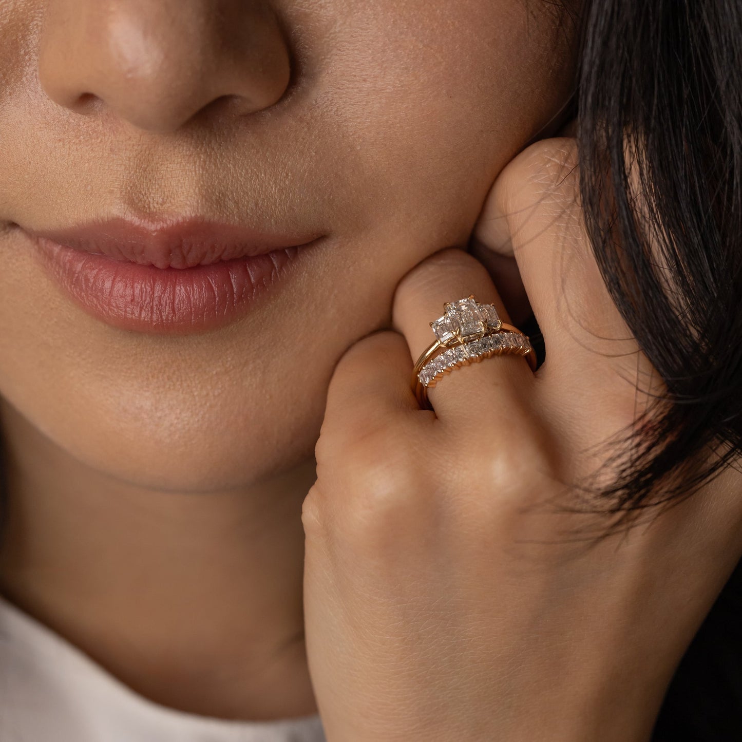 0.90 CT Emerald Shaped Three Stones Lab Grown Diamond Engagement Ring