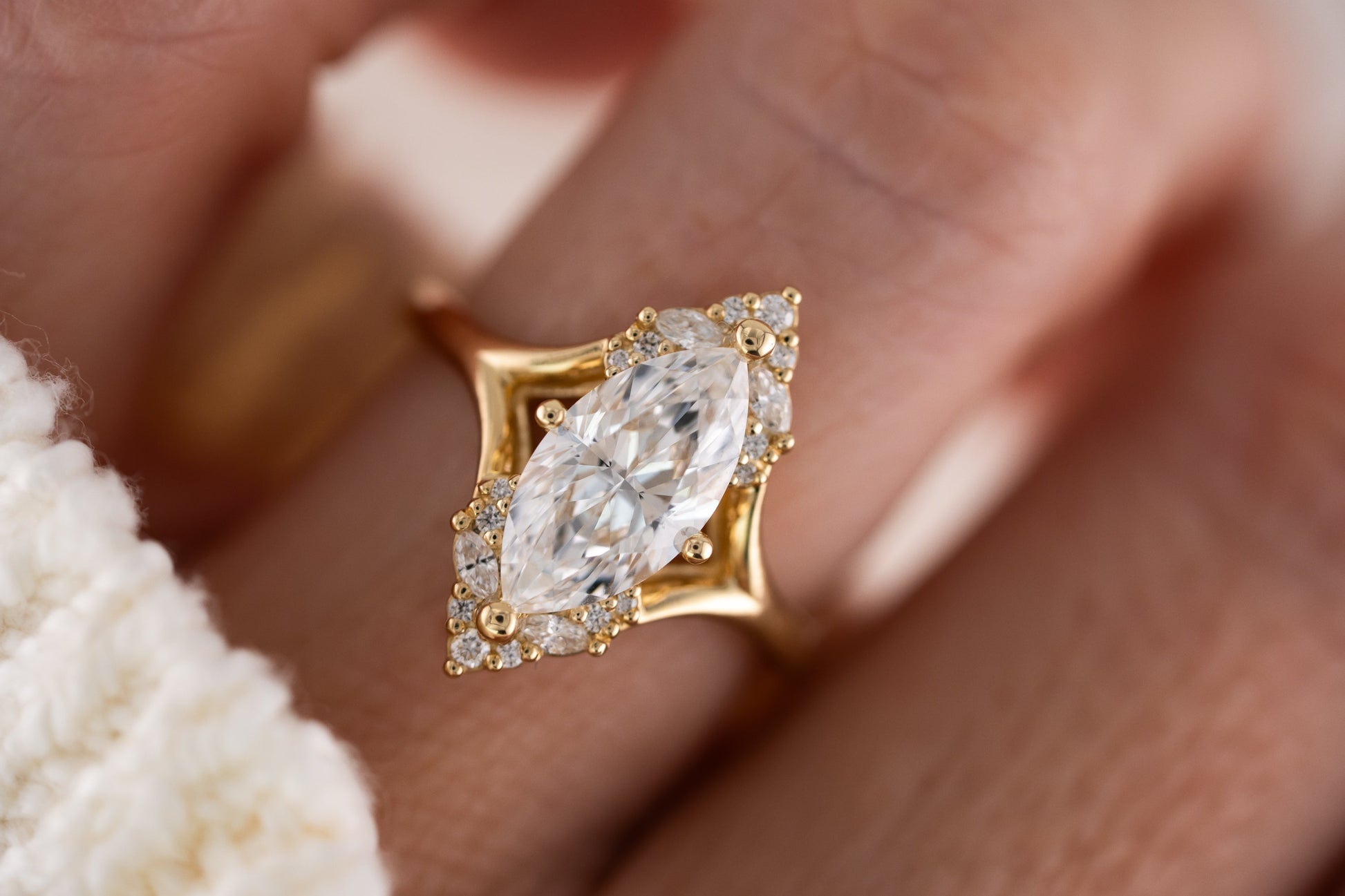 Marquise Shaped Three Stone Lab Grown Diamond Engagement Ring