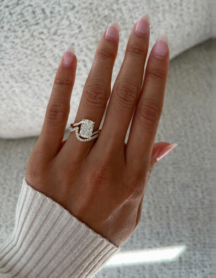 2.5 CT Elongated Cushion Cut Minimal Pave Stacking Lab Grown Diamond Bridal Ring Set