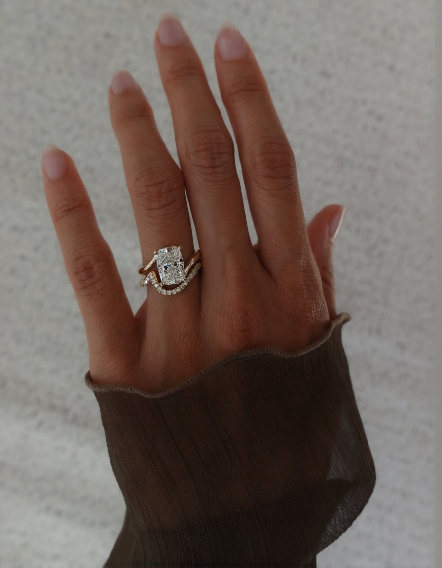 2.5 CT Elongated Cushion Cut Minimal Pave Stacking Lab Grown Diamond Bridal Ring Set