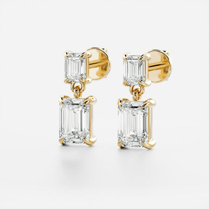 1.2 TCW Emerald Cut Lab Grown Diamond Dangles Earrings in Gold