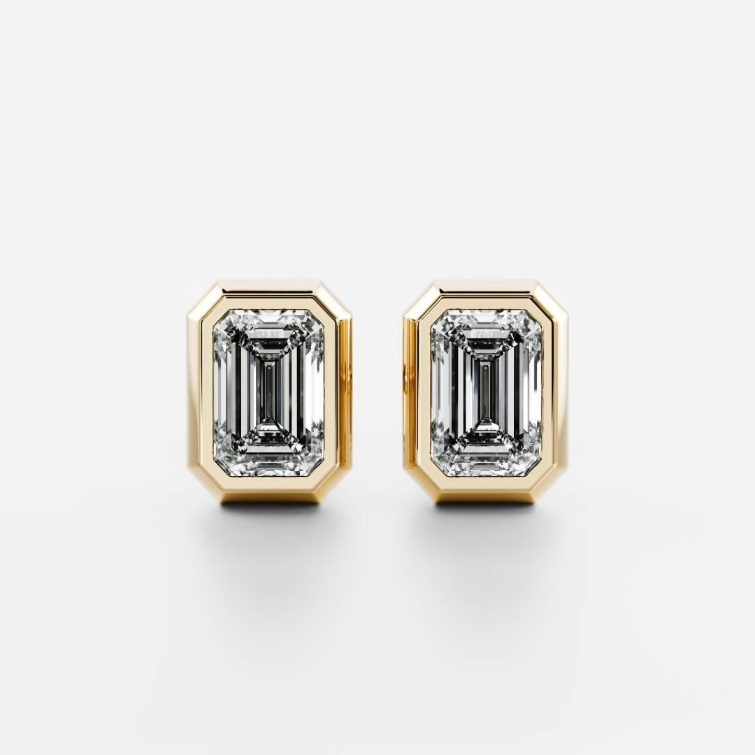 0.50 TCW Emerald Cut Moissanite Bezel Stud Earrings in Gold