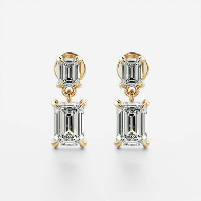 1.2 TCW Emerald Cut Lab Grown Diamond Dangles Earrings in Gold