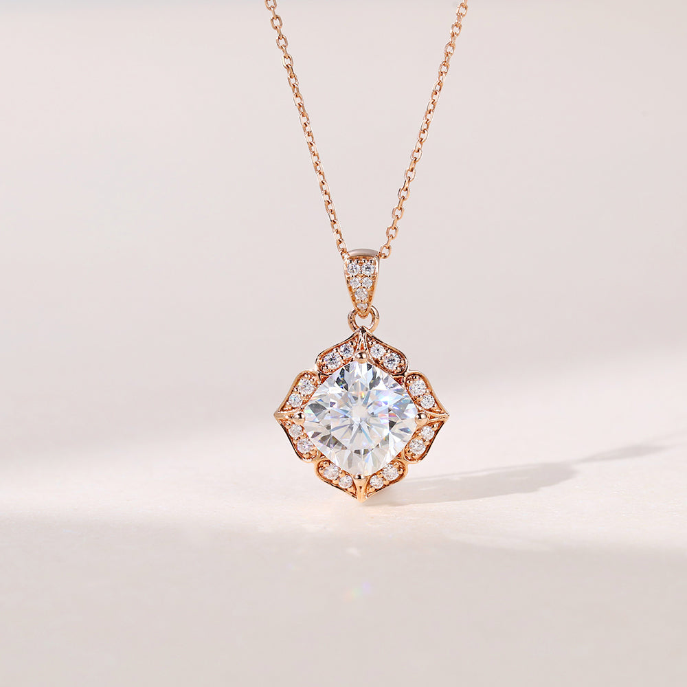 1.10 CT Cushion Moissanite Diamond Halo Pendant Necklace in Solid Gold 1
