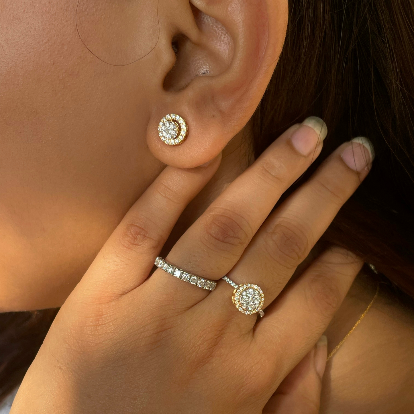 0.57 TCW Round Cut Moissanite 3 in one Halo, Stud & Dangler Earrings in Gold 5