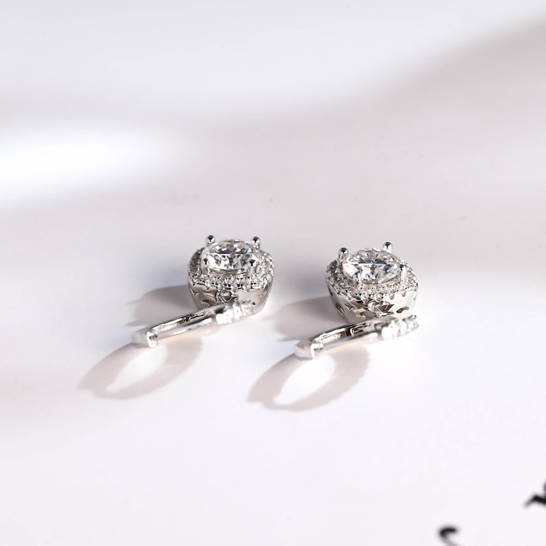 1.0 TCW Round Cut Moissanite Halo Drop Earrings in Gold 9