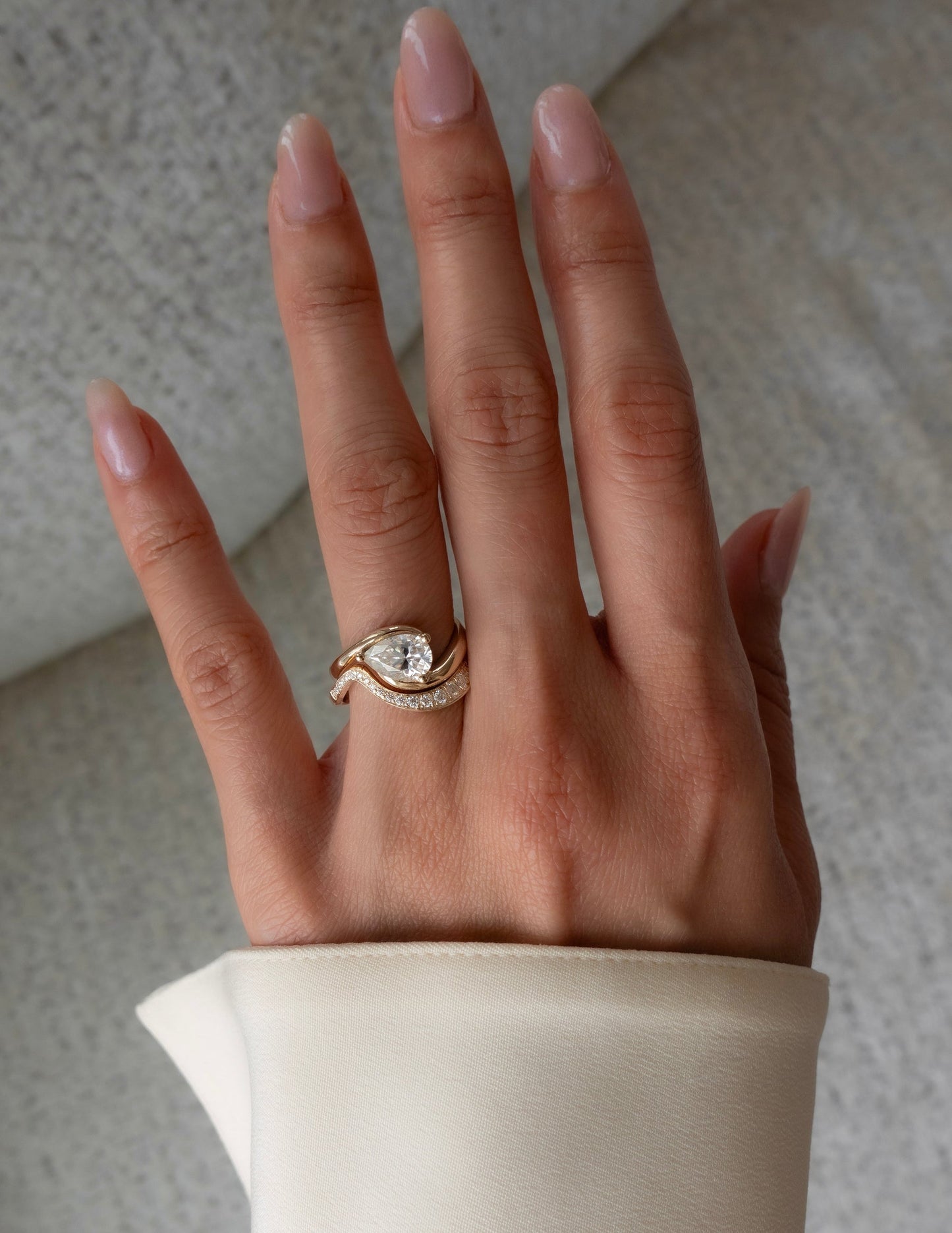 1 CT Pear Cut Solitaire Lab Grown Diamond Ring With Wrap Bold Pave Band