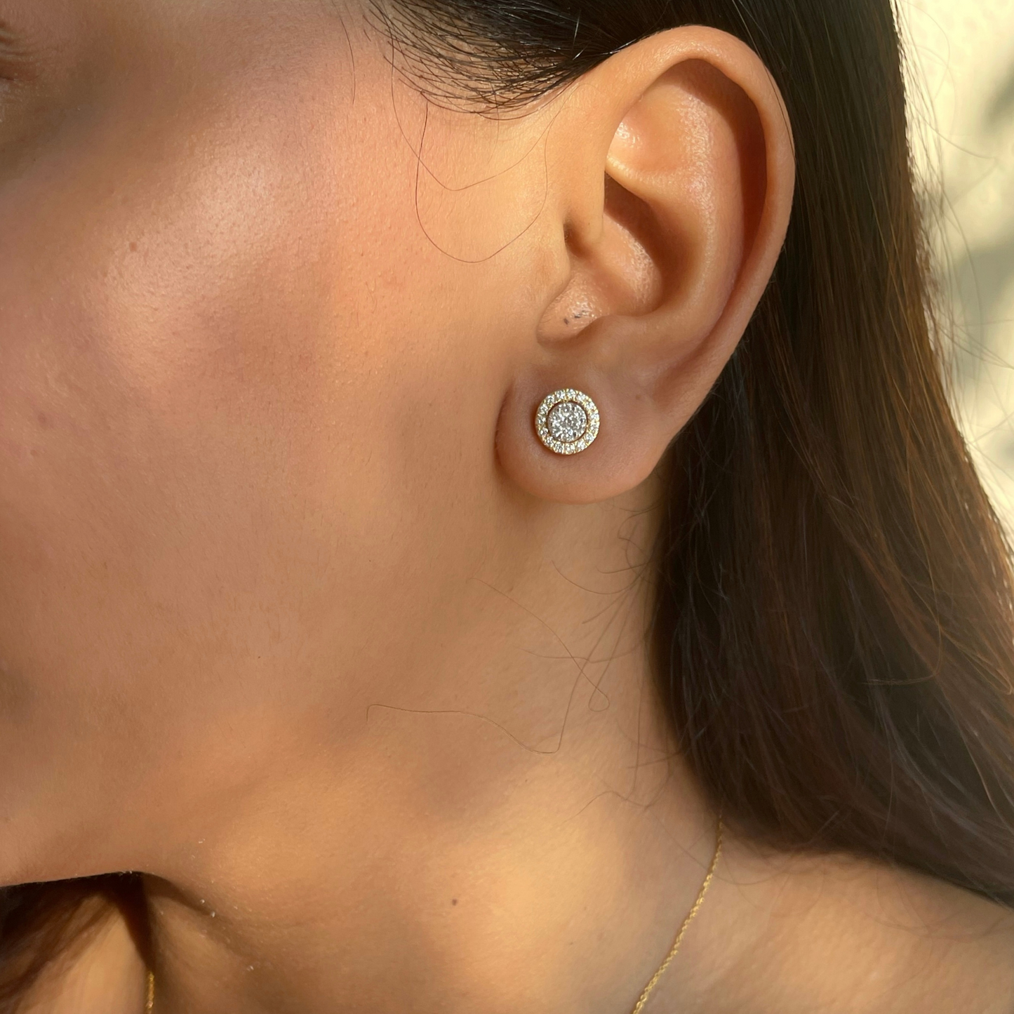 0.57 TCW Round Cut Moissanite 3 in one Halo, Stud & Dangler Earrings in Gold 10