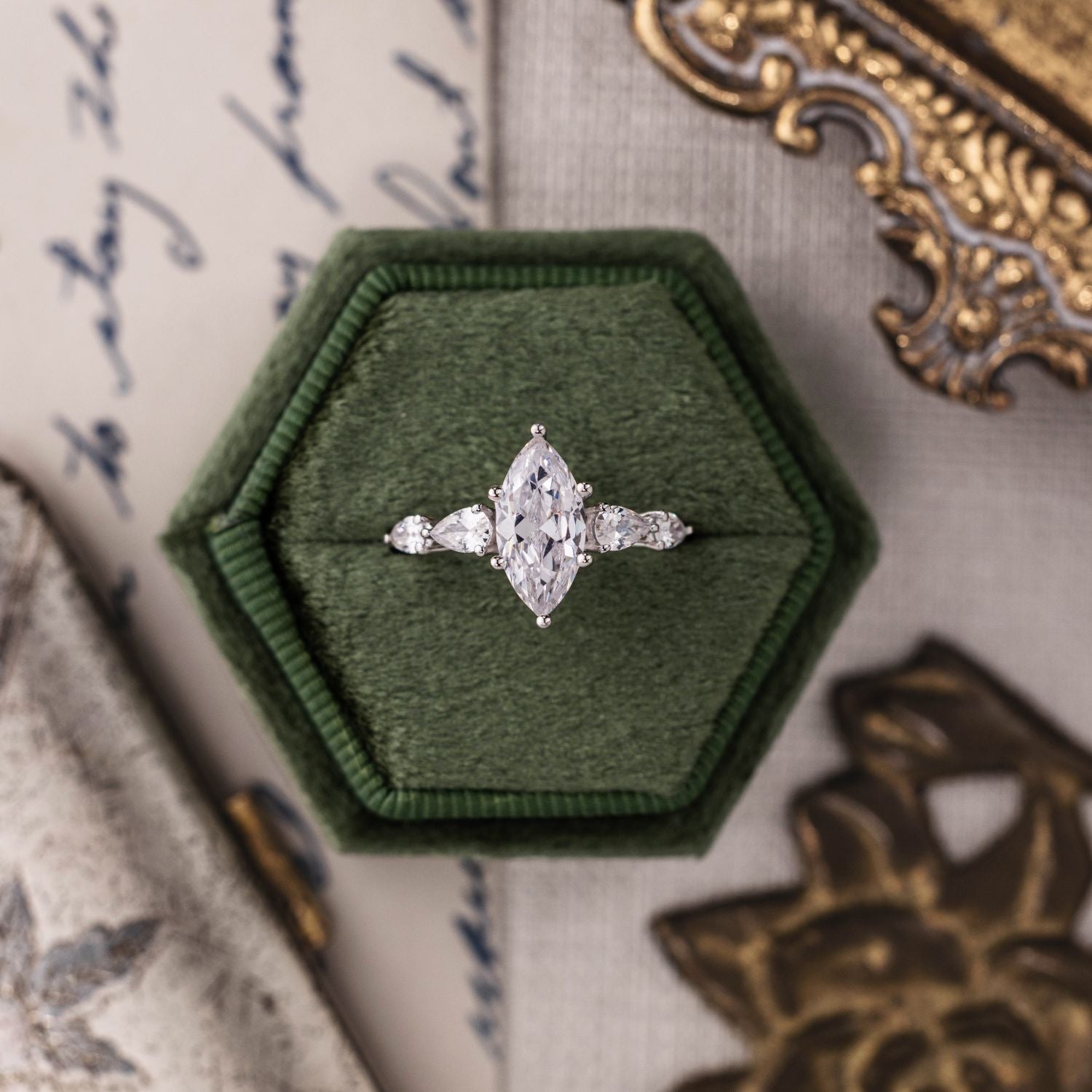 Marquise Shaped Three Stone Lab Grown Diamond Engagement Ring