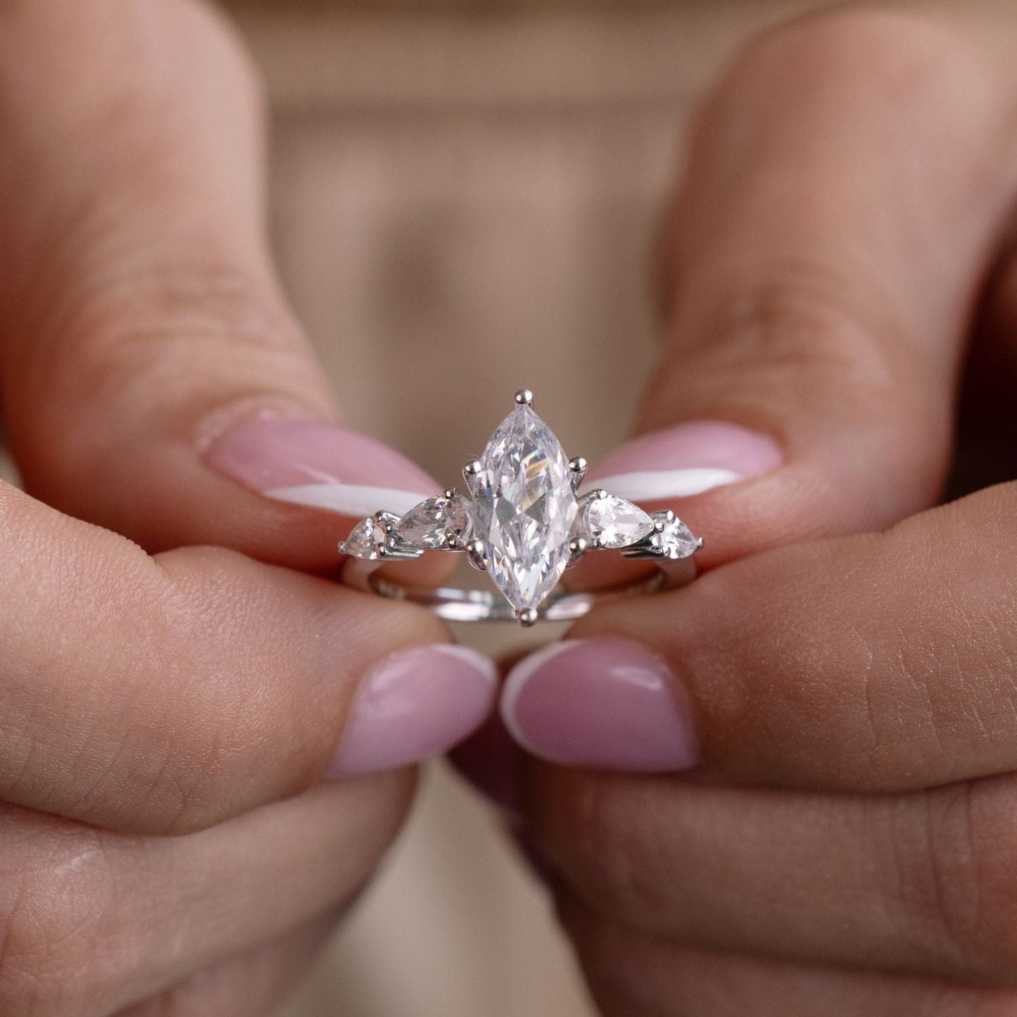 Marquise Shaped Three Stone Lab Grown Diamond Engagement Ring