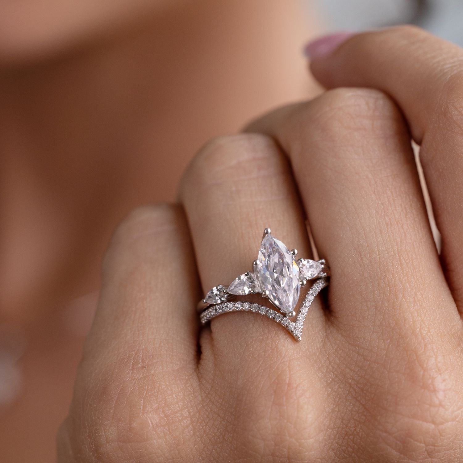 Marquise Shaped Three Stone Lab Grown Diamond Engagement Ring