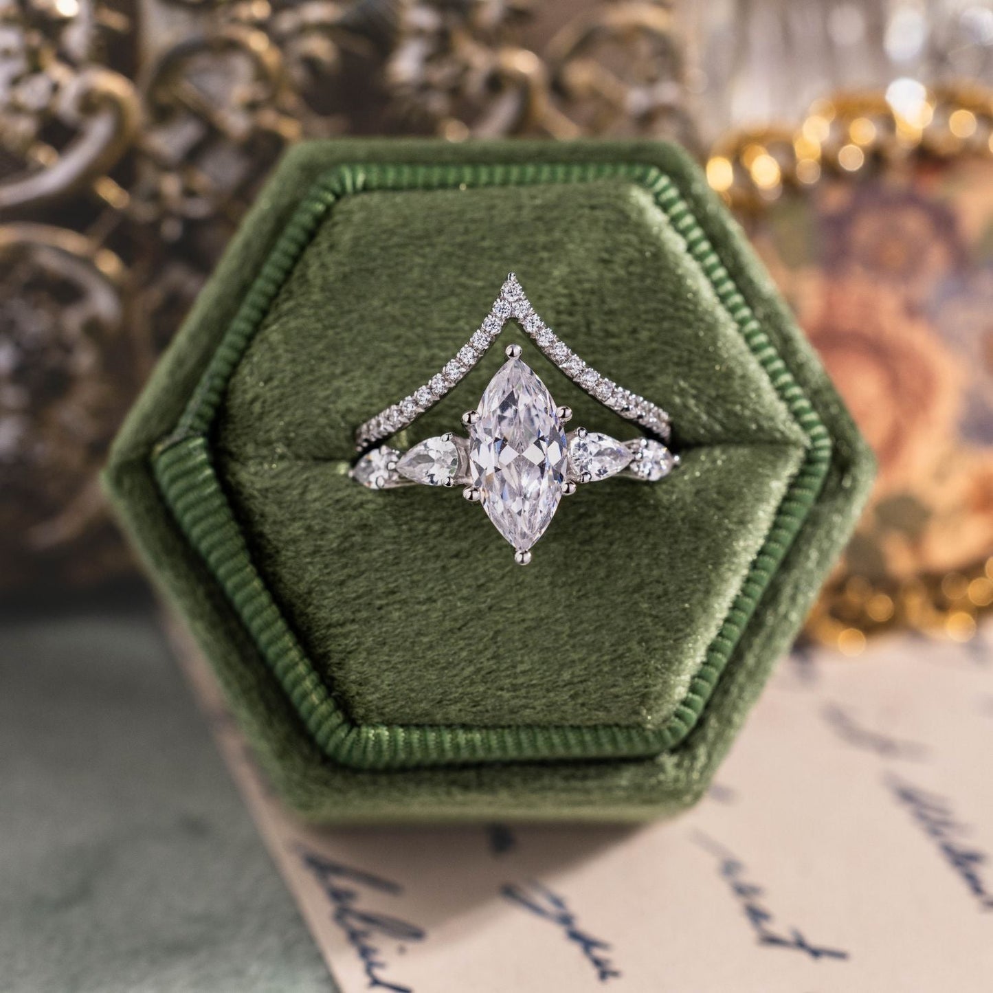 Marquise Shaped Three Stone Lab Grown Diamond Engagement Ring