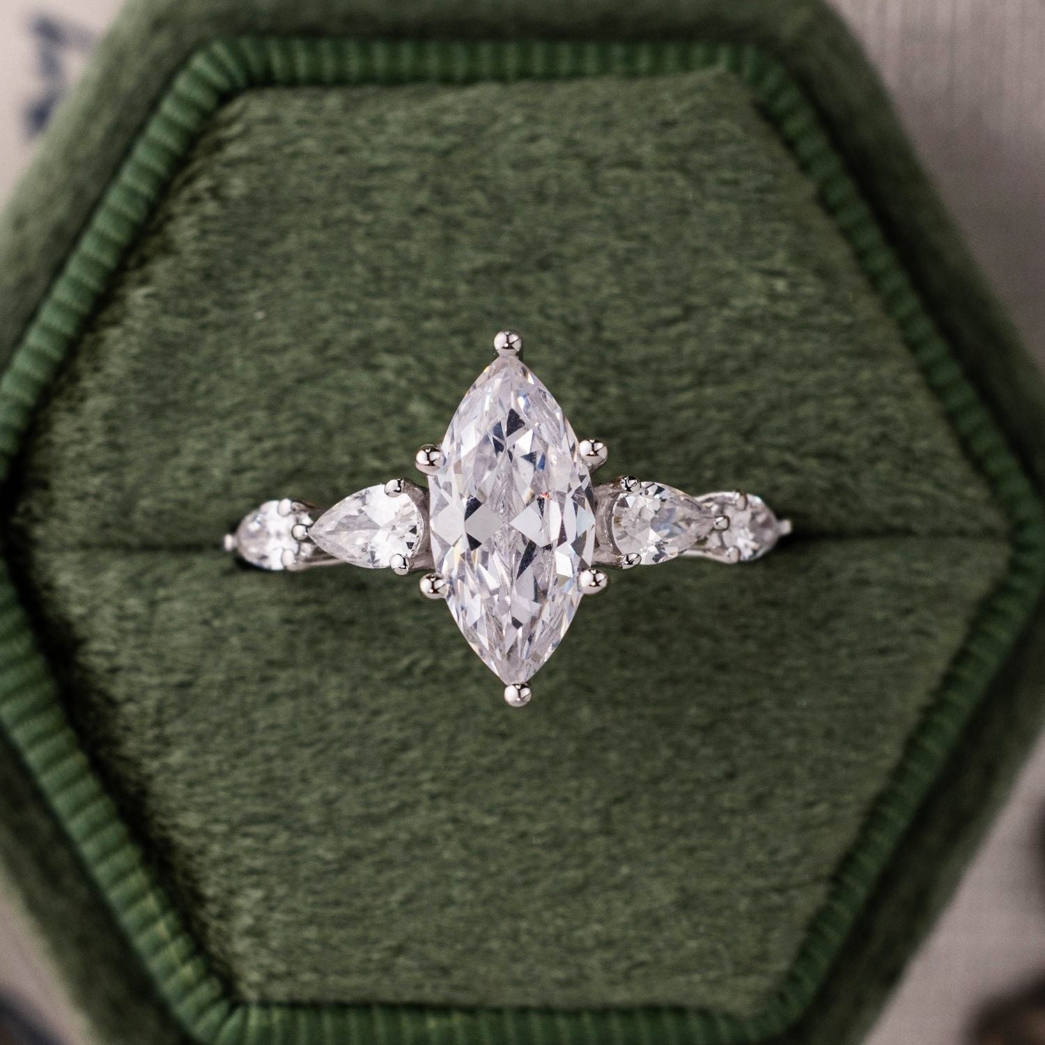 Marquise Shaped Three Stone Lab Grown Diamond Engagement Ring
