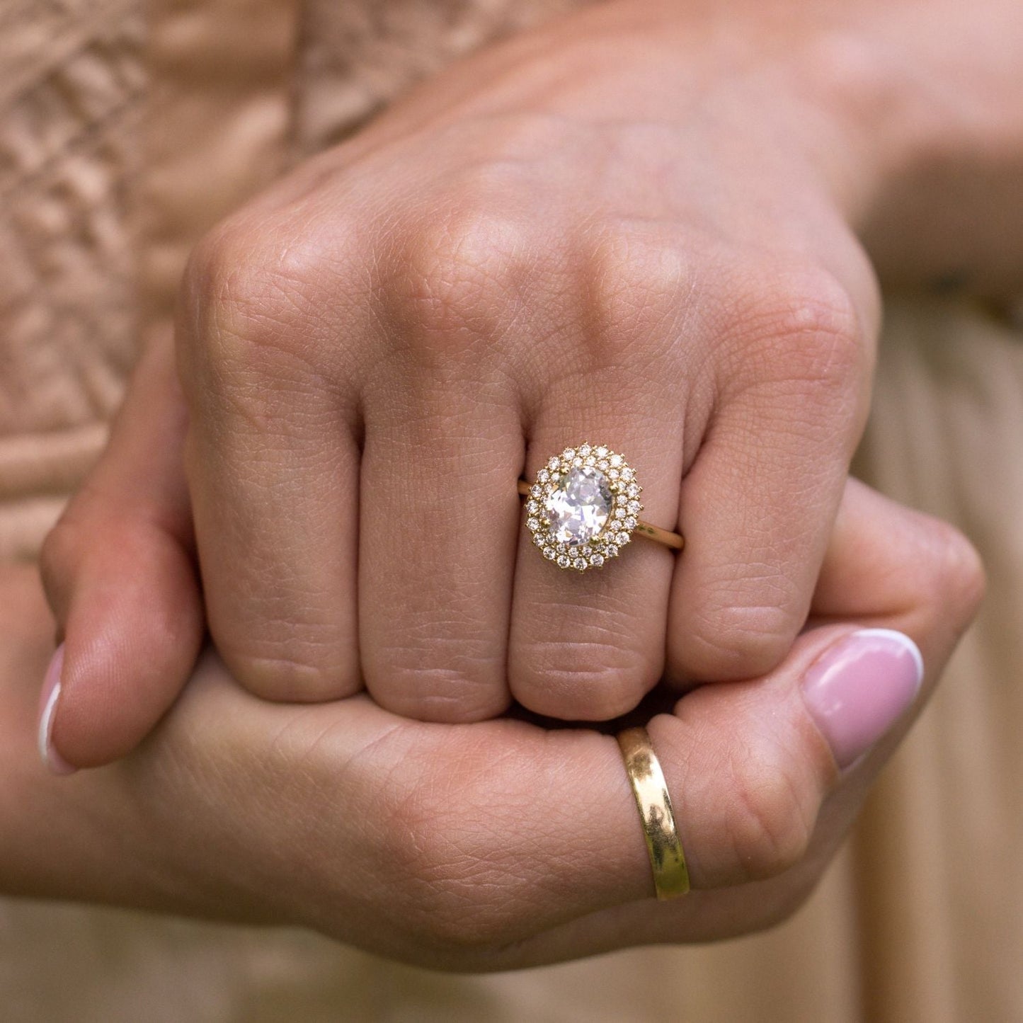 0.7 CT Oval Shaped Double Halo Lab Grown Diamond Engagement Ring