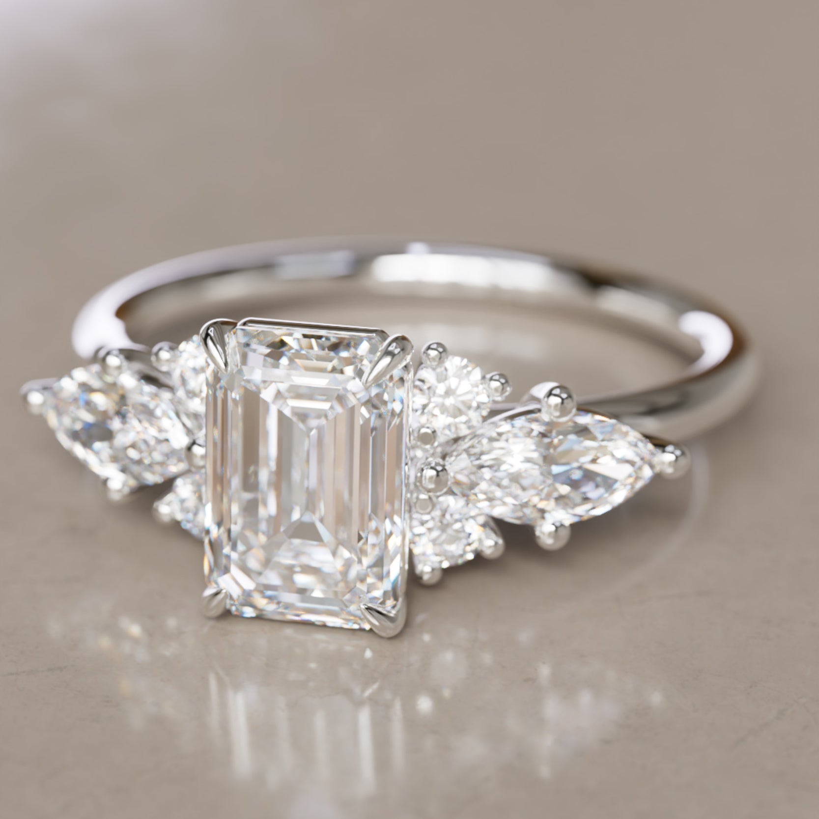 Marquise Shaped Three Stone Lab Grown Diamond Engagement Ring