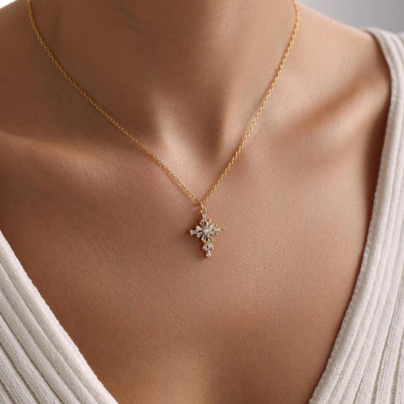 0.4 TCW Round & Bageutte Cut Cross Moissanite Necklace